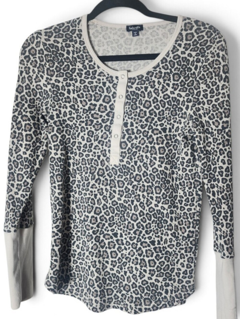 Splendid Leopard-Print Henley Long Sleeve Top - Cream/Black